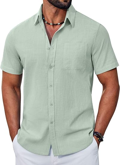 Men's Button Down Shirt Short Sleeve Casual Stylish Cotton Shirts Linen Textured Summer Beach Wedding Shirt