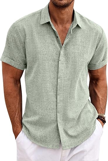 Men's Linen Shirts Short Sleeve Casual Button Down Shirt for Men Beach Summer Wedding Shirt