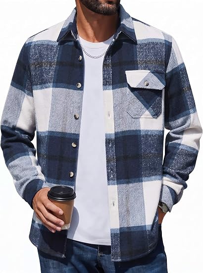 Men's Flannel Shirts Long Sleeve Plaid Button Down Shirt Jacket
